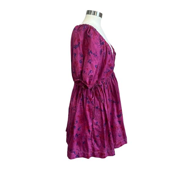 Abercrombie & Fitch 100% Cotton Babydoll Mini Dress Puff Sleeve Pink XL - Picture 2 of 7